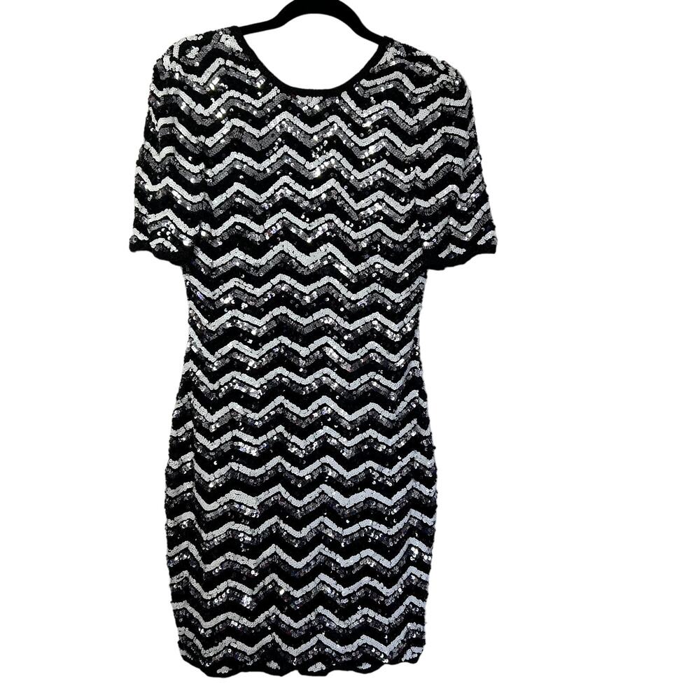 AJ BARI Black Silver Sequin Zigzag Sheath Dress Short Sleeve‎ Evening Size 8